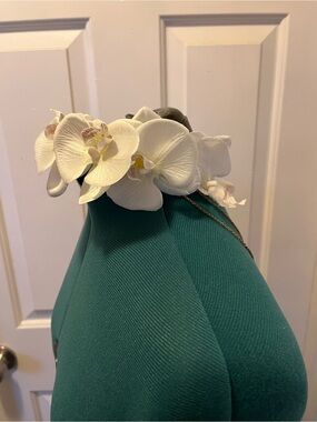 Orchid bridal headband with gold fringe